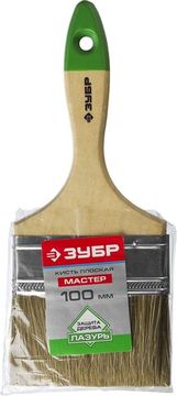 ЗУБР ЛАЗУРЬ, 100 мм, 4″, светлая смешанная щетина, деревянная ручка, плоская кисть (4-01009-100)