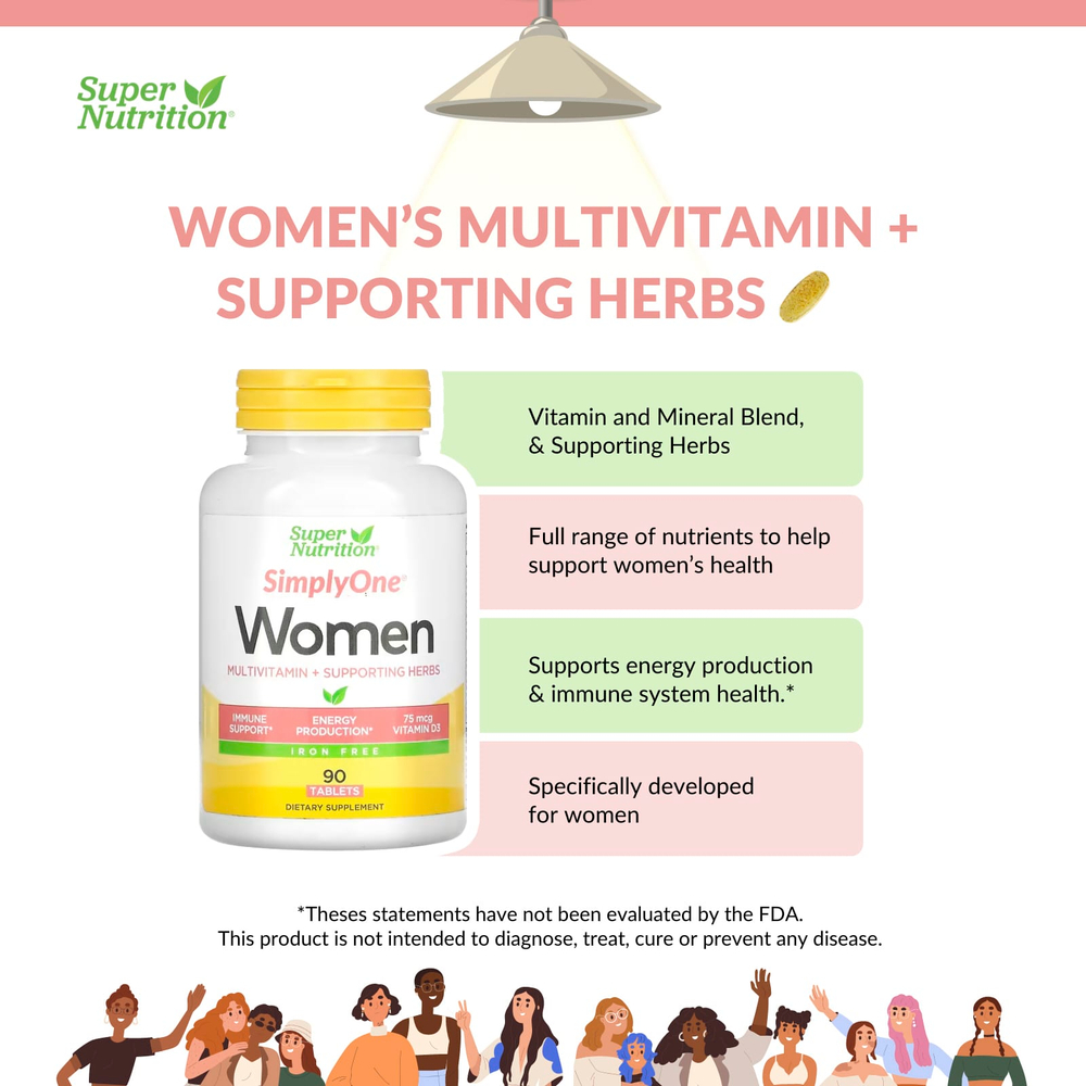 Super Nutrition, SimplyOne, мультивитамины и полезные травы для женщин, без железа, 90 таблеток