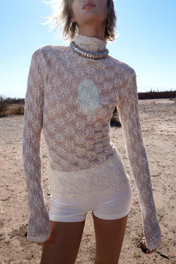 ZARA КРУЖЕВНОЙ ТОП С ВОРОТНИКОМ-СТОЙКОЙ, ЭКРЮ