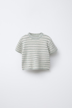 ZARA ТРИКОТАЖНЫЙ ТОП В ПОЛОСКУ С КОРОТКИМИ РУКАВАМИ, ЭКРЮ