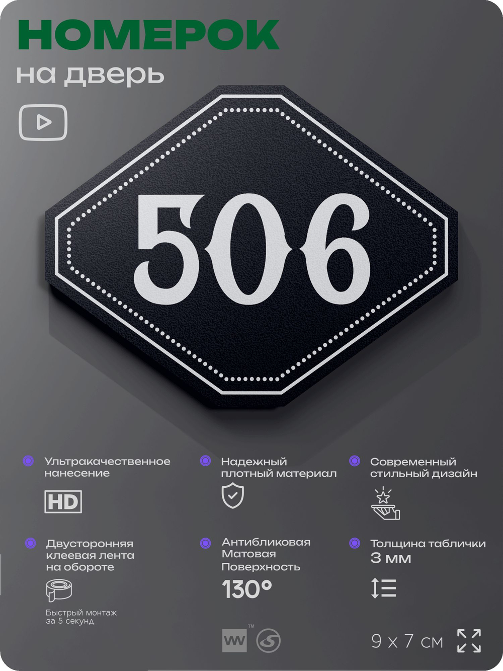 Номерок на дверь квартиры 506, для кабинета, офиса, шильдик 9 х 7 см, черный, Айдентика Технолоджи