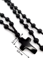 Длинные бусы на шею с крестом из черного агата (имитация)