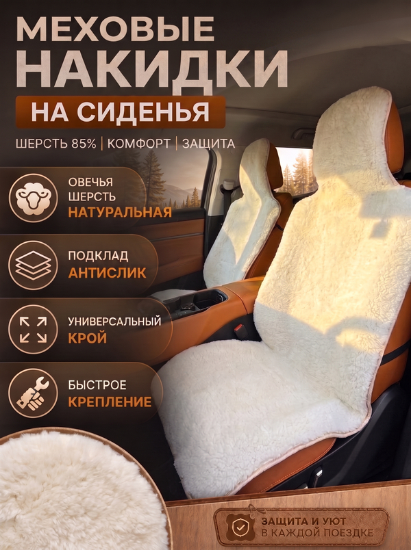 Накидки (2шт) чехлы на сиденье из овечьей шерсти 85%