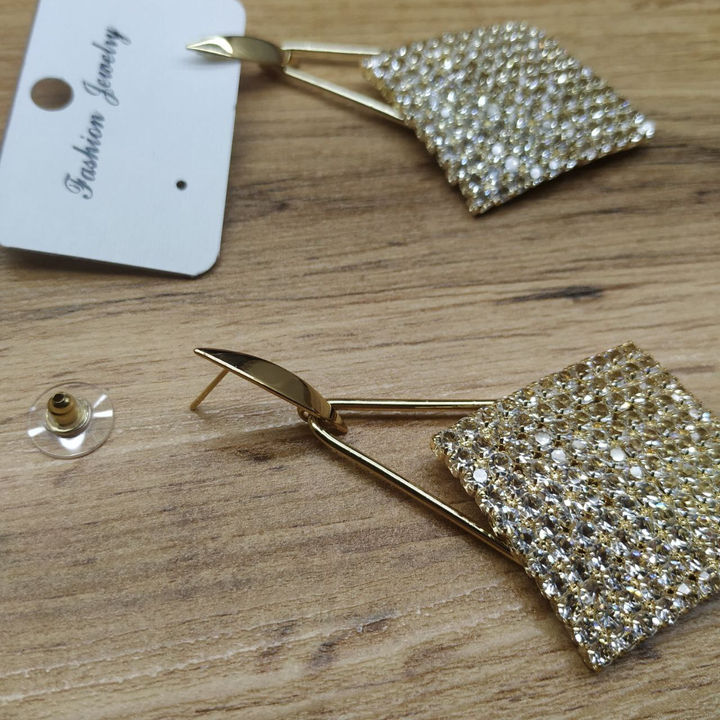 Серьги Royal листик подвеска Ромб 11 х 11 кристаллов металл золотистый 8 см