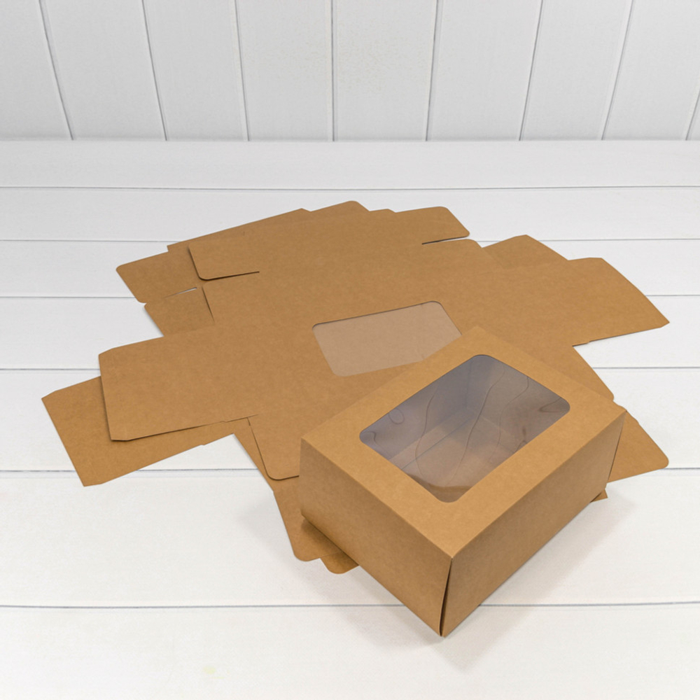 Коробка сборная 22х16х10 см с окошком (Коричневый, Крафт)