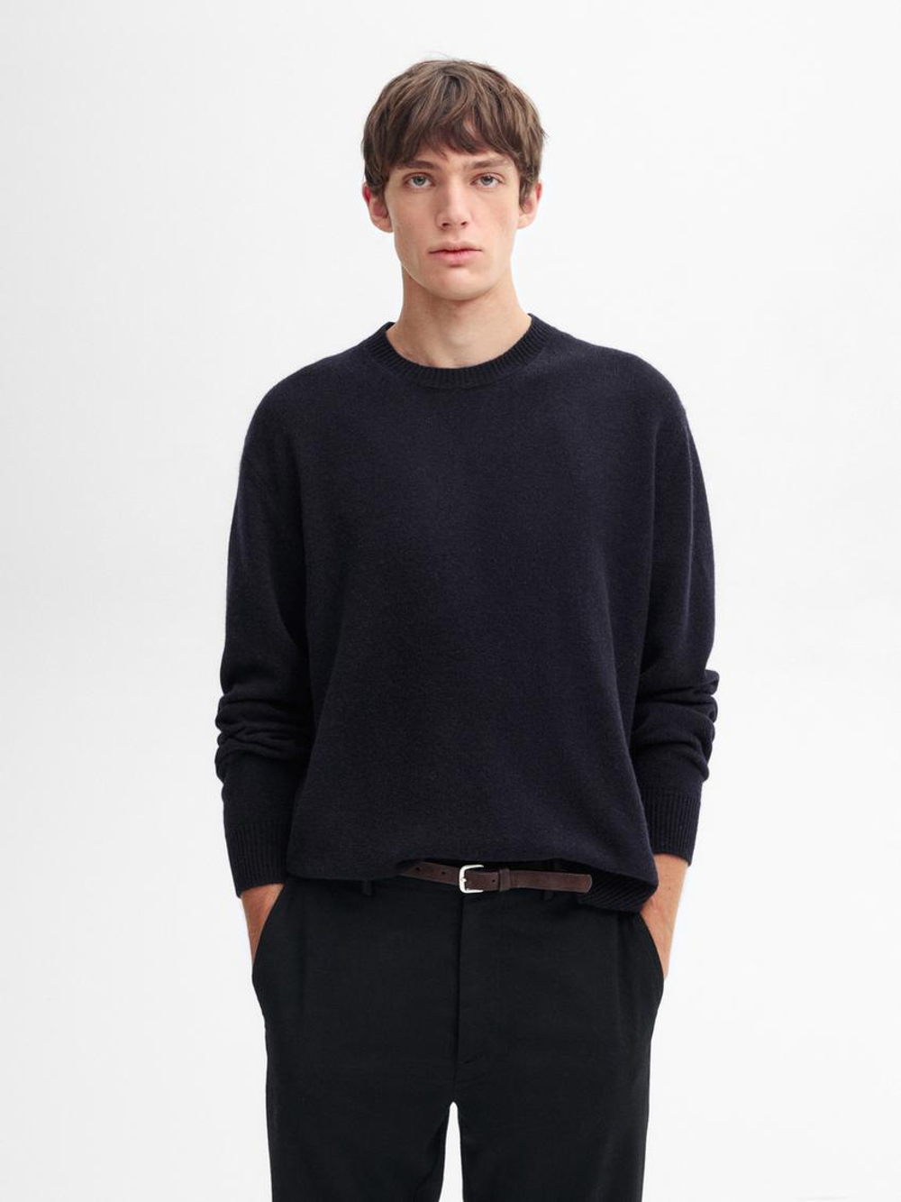 Massimo Dutti Свитер из смесовой шерсти с круглым вырезом, темно-синий