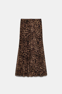 ZARA ЮБКА ИЗ ПОЛУПРОЗРАЧНОЙ ТКАНИ С АНИМАЛИСТИЧЕСКИМ ПРИНТОМ, ЛЕОПАРДОВЫЙ/НЕЖНО-КОРИЧНЕВЫЙ