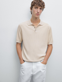 Massimo Dutti Футболка-поло в рубчик, светло-бежевый