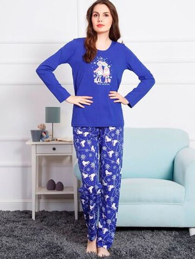 Женская пижама в новогоднем стиле с синими брючками (Размер: XL) (Цвет: персиковый)