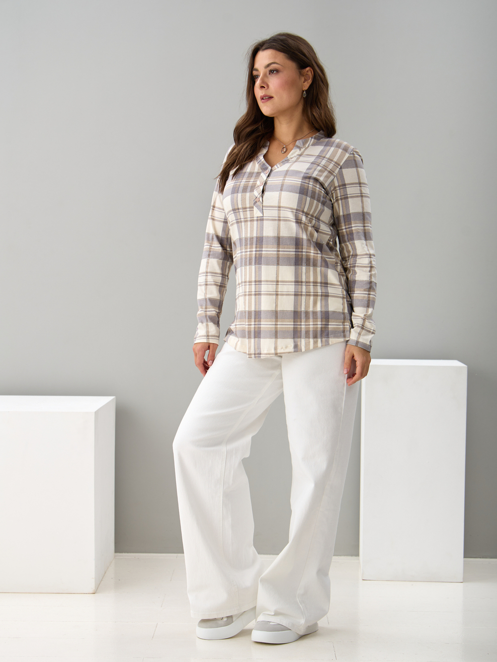 Блузка БЛ-22/клеткабеж-серебро