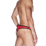 Мужские красные трусы-бразилиана с черной рюшевой отделкой (Размер: S-M) (Цвет: красный с черным)