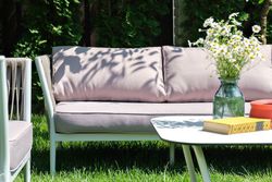 "Касабланка" диван 3-местный плетеный из роупа, каркас алюминий белый муар, роуп бежевый 20мм, ткань бежевая 052