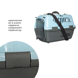 Переноска пластиковая ZOOEXPRESS "Турне" с прозрачной дверцей, ковриком и ремнем - 48х32х32 см (M) - голубая