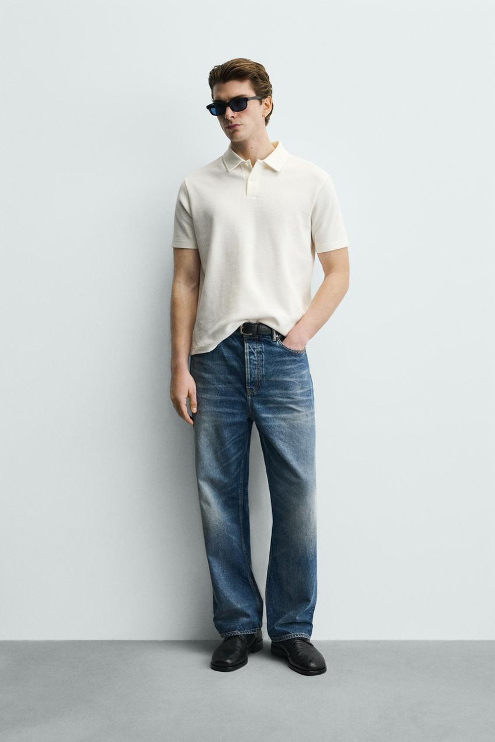 ZARA ПОЛО ИЗ РЕЛЬЕФНОЙ ТКАНИ ВАФЕЛЬНОГО ПЕРЕПЛЕТЕНИЯ, ЭКРЮ