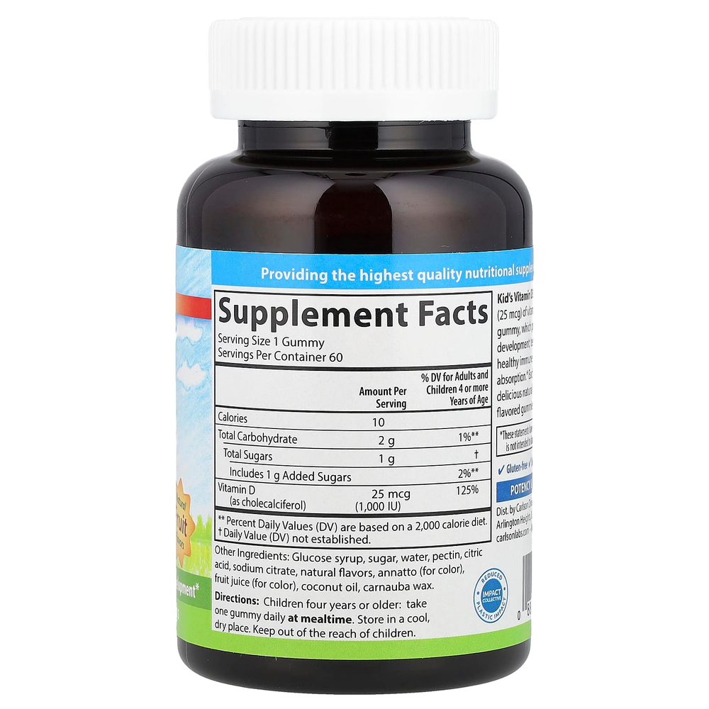 Carlson, Детские жевательные таблетки с витамином D3, натуральные фруктовые ароматизаторы, 25 мкг (1000 МЕ), 60 шт.