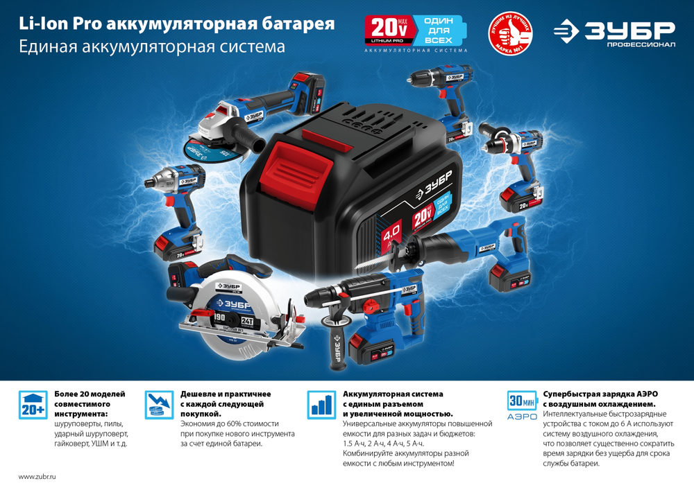 ЗУБР Т7, 20 В, 125 мм, 2 АКБ (4 А·ч), бесщеточная УШМ, сумка, Профессионал (AB-125-42)