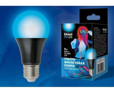 Лапочка Uniel лампа св/д у/ф для дискотек A60 E27 9W, cпектр UVA 410нм, матов LED-A60-9W/UVAD/E27/FR PLZ07BK, 1 шт.