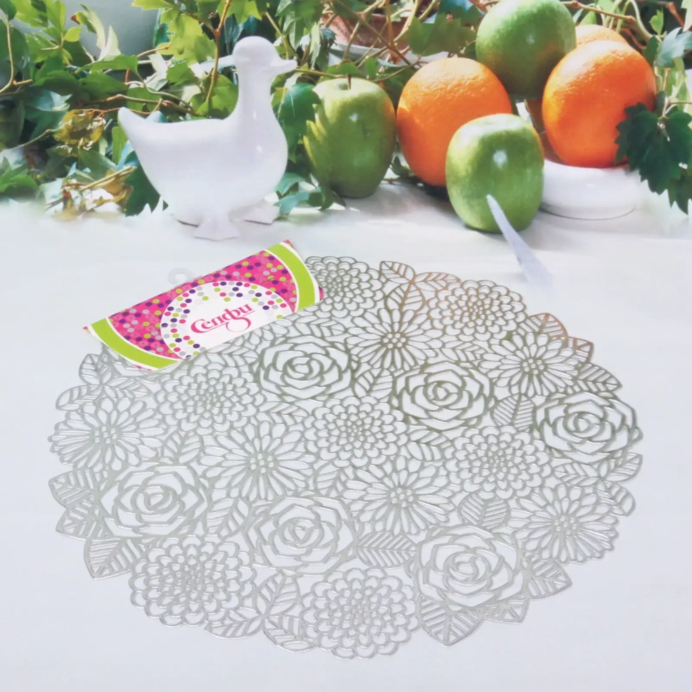 Салфетка плетеная 38см «Цветы» серебро