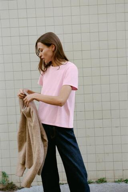 ZARA ХЛОПКОВАЯ ФУТБОЛКА В СТИЛЕ РУСТИК, РОЗОВЫЙ