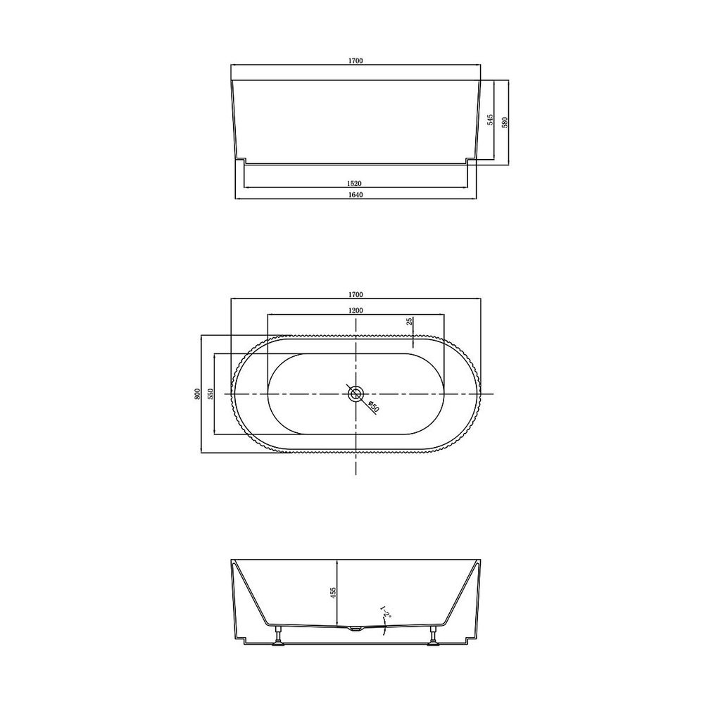 Ванна акриловая Vincea VBT-426-1700MW 1700*800*580, белый мат., щелевой перелив, слив белый, , шт