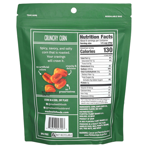 Made With, веганская хрустящая кукуруза, хабанеро, 170 г (6 унций)