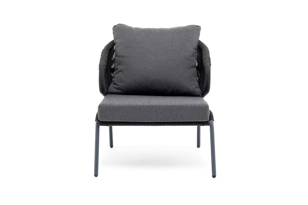 "Милан" кресло плетеное из роупа, каркас алюминий темно-серый (RAL7024) муар, роуп темно-серый круглый, ткань темно-серая 027