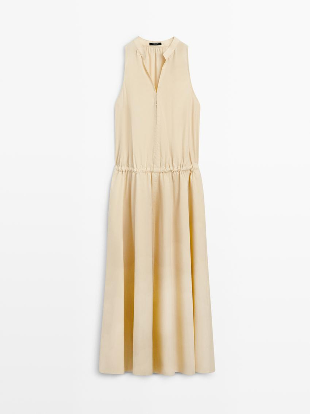 Massimo Dutti Платье миди из 100% хлопка с резинкой на талии, светло-желтый