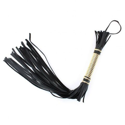 Чёрная плетка из натуральной кожи с золотистой отделкой рукояти - 60 см. (Цвет: черный с золотистым)