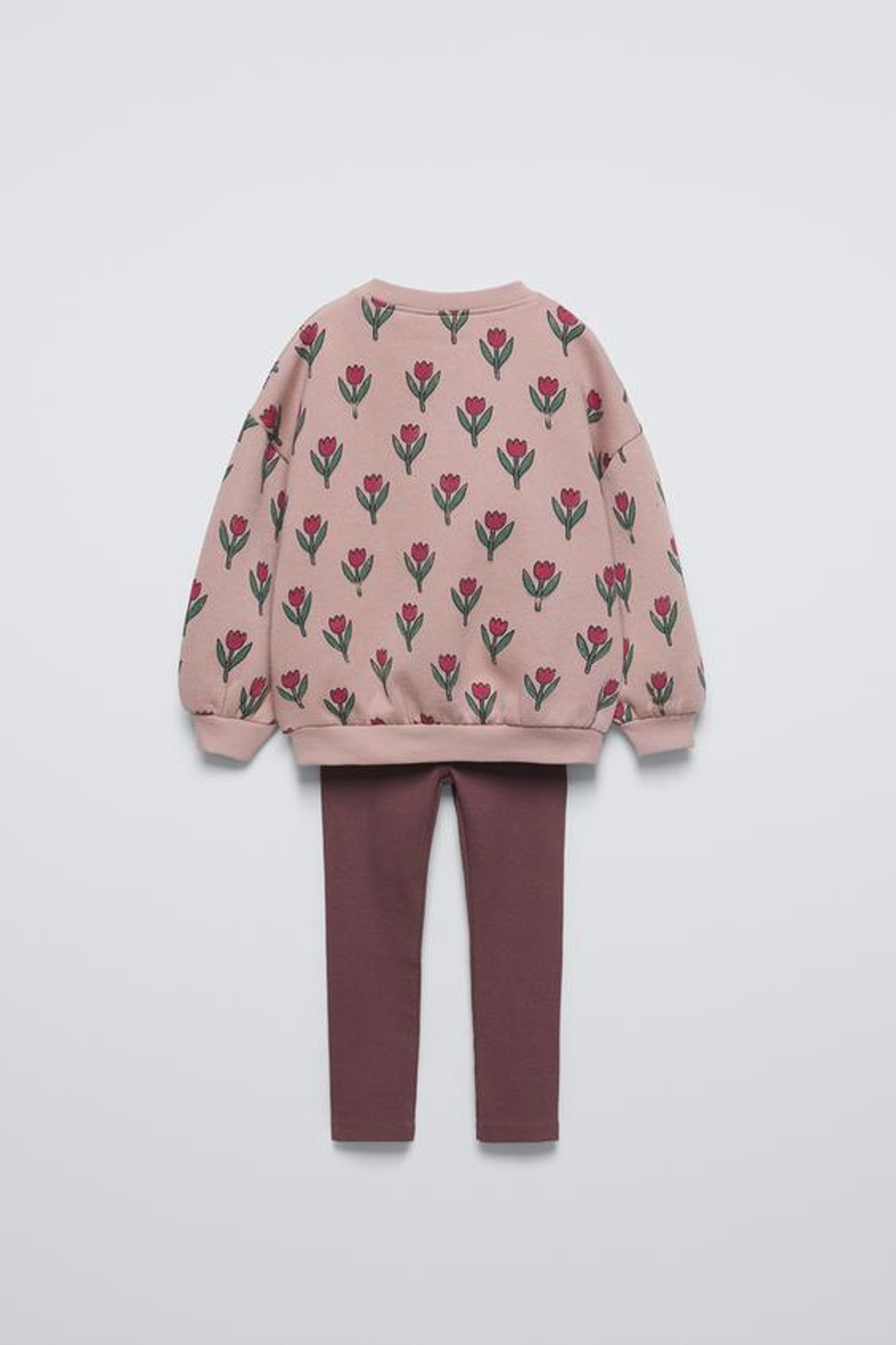 ZARA КОМПЛЕКТ ИЗ ТОЛСТОВКИ С ЦВЕТОЧНЫМ ПРИНТОМ И ЛЕГИНСОВ В РУБЧИК, ТЕРРАКОТОВЫЙ