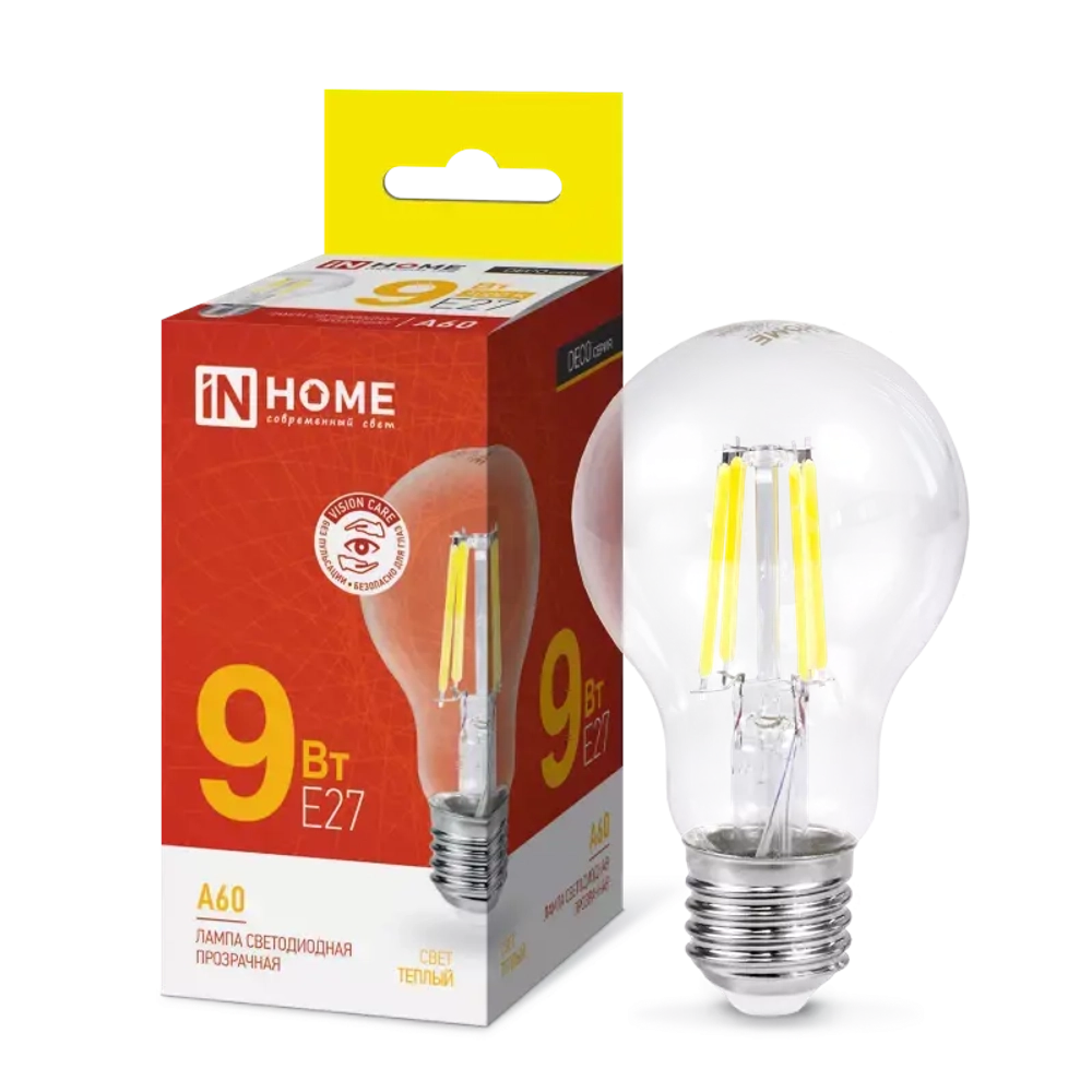 Лампа светодиодная LED-A60-deco 9Вт 230В Е27 3000К ТЕПЛЫЙ 1040Лм прозрачная IN HOME