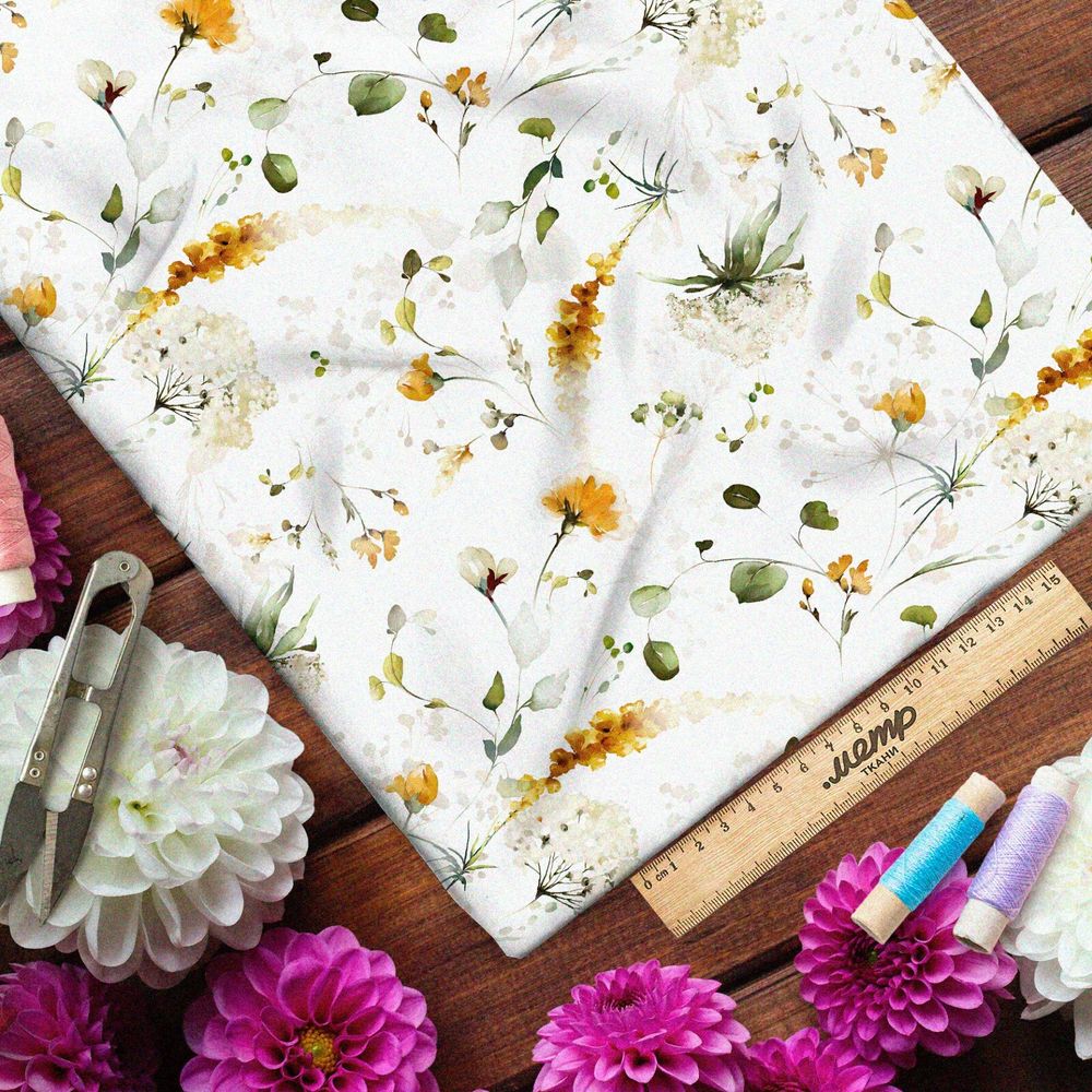 Ткань штапель акварельные полевые цветы на белом фоне