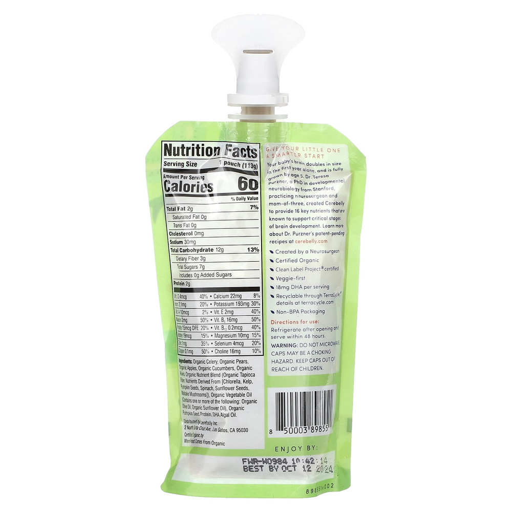 Cerebelly, Органическое детское пюре, смузи, сельдерей, яблоко, киви и огурец, 113 г (4 унции)
