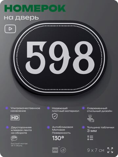 Номерок на дверь квартиры 598, для кабинета, офиса, шильдик 9 х 7 см, черный, Айдентика Технолоджи
