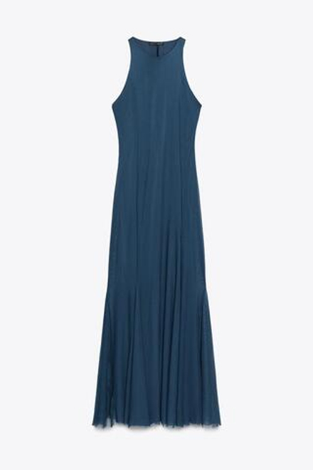 ZARA ДЛИННОЕ ПЛАТЬЕ ИЗ ТЮЛЯ С ЮБКОЙ ГОДЕ, ЦВЕТ НОЧНОГО НЕБА