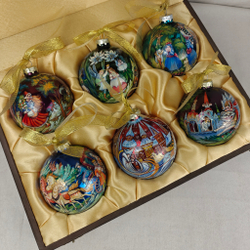 Сувенирный набор из 6-ти коллекционных ёлочных шаров " Сказки" с ручной росписью Палех