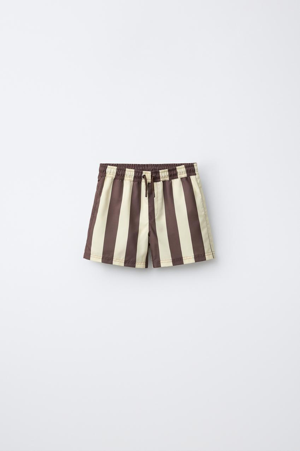 ZARA ПЛАВКИ-БЕРМУДЫ В ПОЛОСКУ, СВЕТЛО-КОРИЧНЕВЫЙ