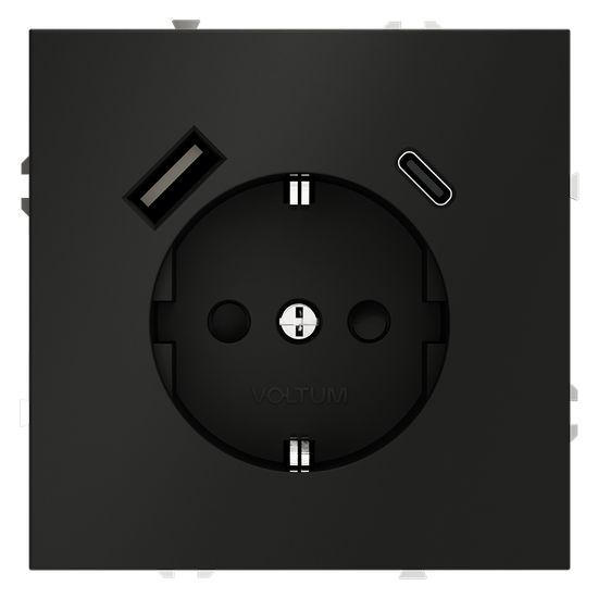Розетка встраиваемая VOLTUM S70 с заземлением и защитными шторками, 16А, с USB, A+С, (черный матовый