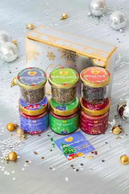 Набор №160 "3 вида меда с ягодами + 3 чая"