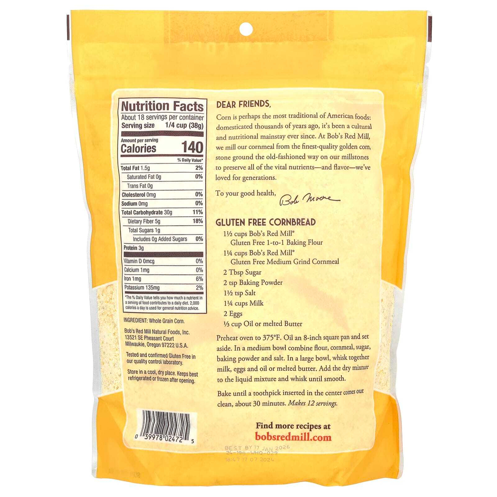 Bob's Red Mill, Кукурузная мука, среднего помола, из цельного зерна, 680 г (24 унции)