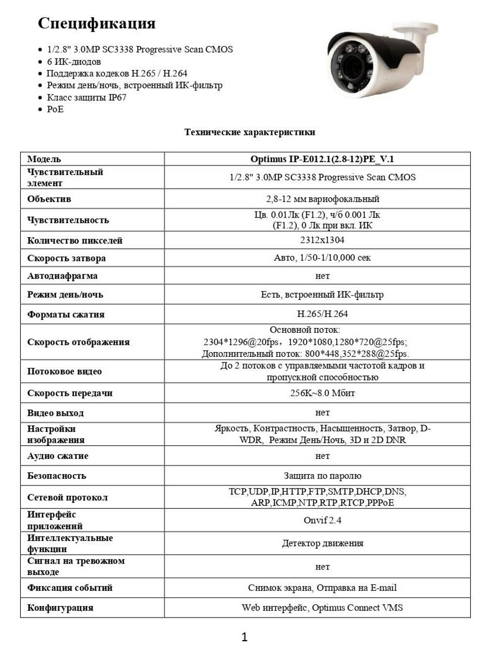 Видеокамера Optimus IP-E012.1(2.8-12)PE_V.1