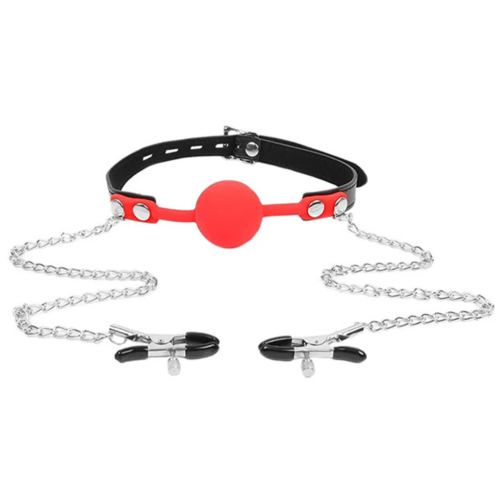 Красный кляп-шарик с зажимами на соски на металлической цепочке Bior Toys Notabu NTB-80541