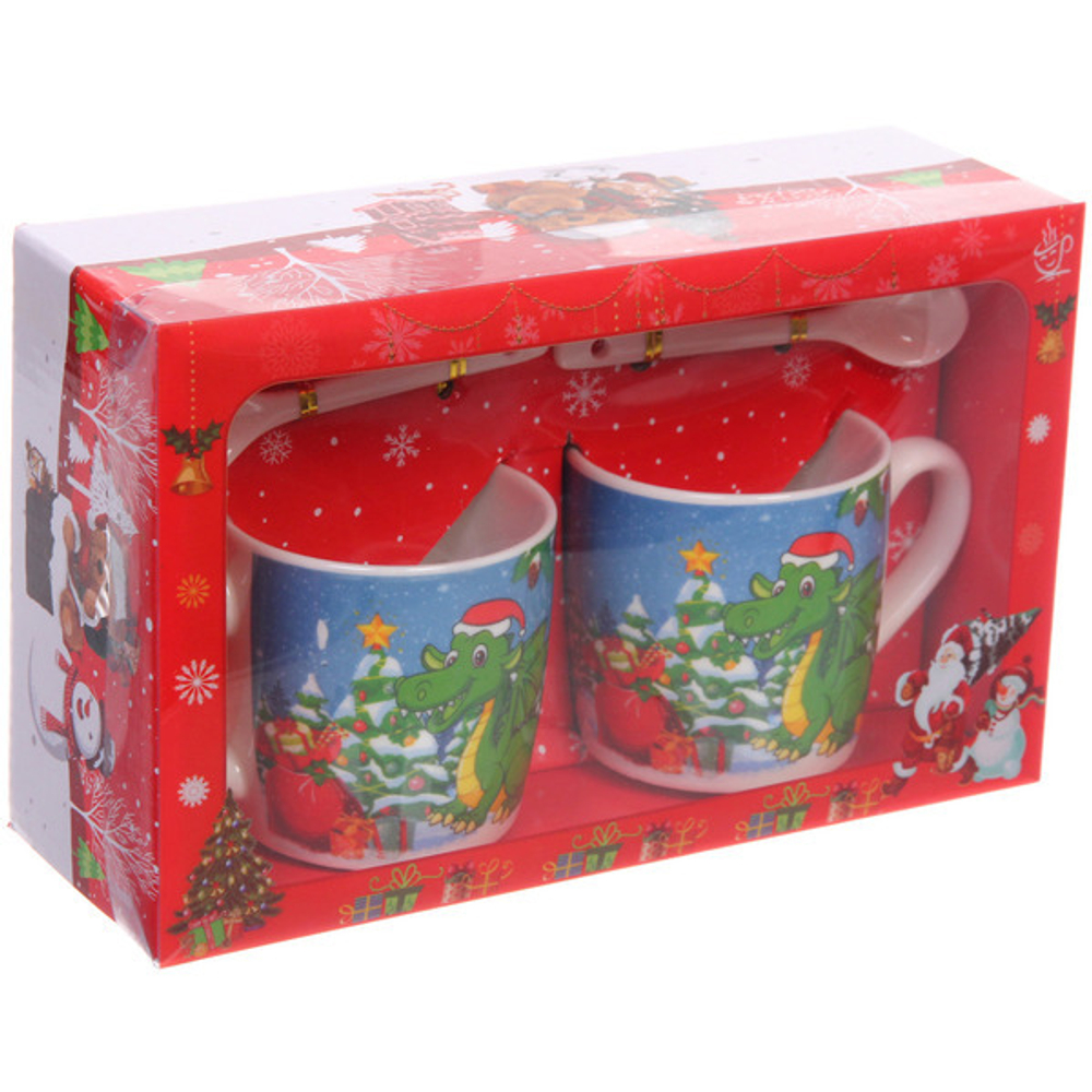 Кружка керамическая 200мл в наборе 2шт с ложками «Дракоша»