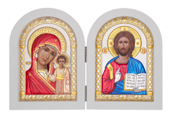 Складень, Спаситель, Казанская БМ, икона арочная, белое дерево, эмаль 230x360
