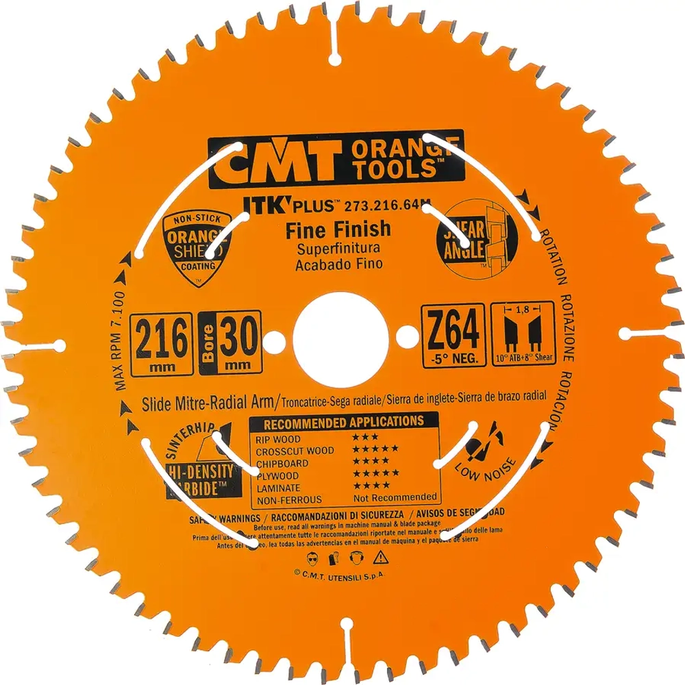 Диск пильный 216x30x1,8/1,2-5° 10° ATB + 8° SHEAR Z=64 CMT 273.216.64M