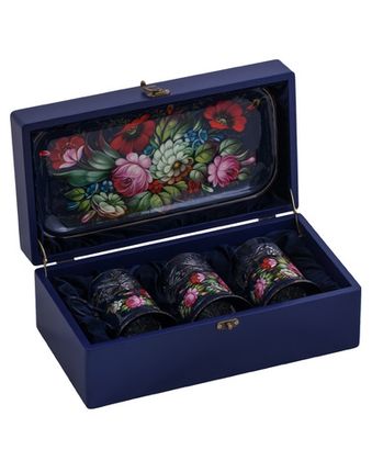 Zhostovo tea glass holders in wooden box - set of 3 tea glass holders and hand forged tray SET04D-667785837