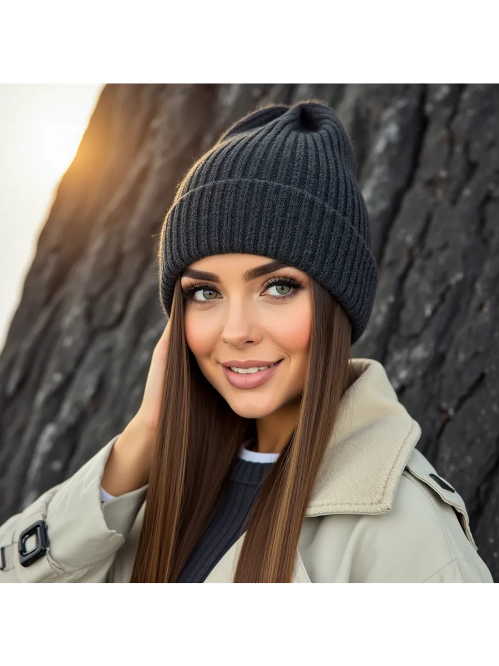 Шапка бини осенняя с отворотом теплая