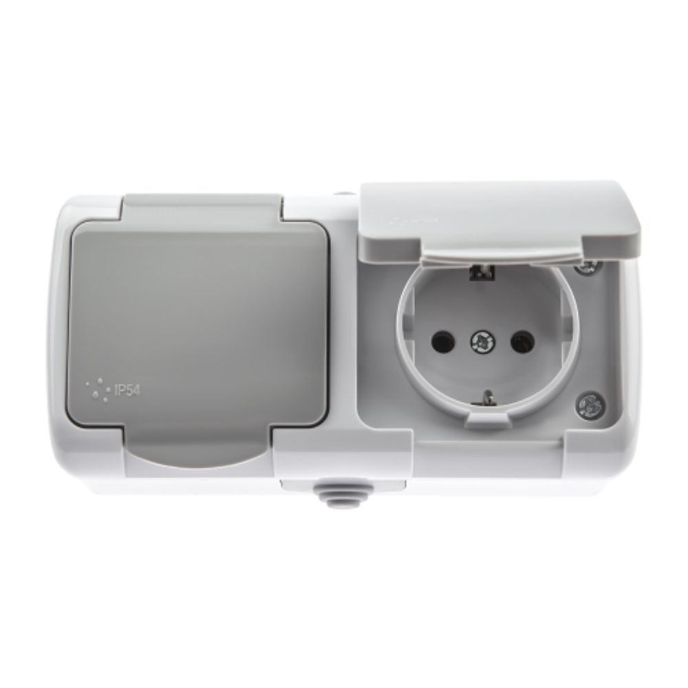 Розетка Intro Atlantic 5-203-03 двойная с заземлением 2х2P+E Schuko 16А-250В IP54 ОУ серый