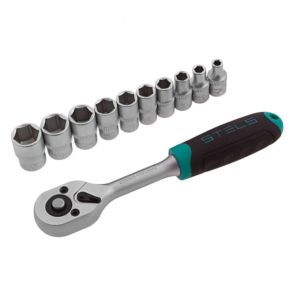14125 Набор торцевых головок, 1/4", головки 4 - 13 мм, с трещот. ключом, CrV, 11 предм. Stels