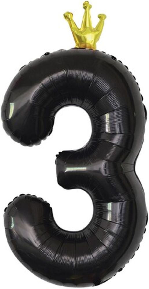 К Шар (40''/102 см) Цифра, 3 Золотая корона, Черный (БГ-60)