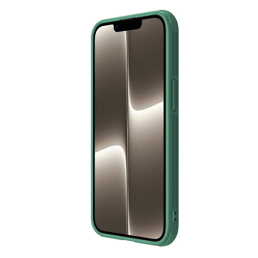 Чехол усиленный зеленого цвета (Dark Green) с защитной шторкой для камеры от Nillkin на iPhone 16e, серия CamShield Pro Case